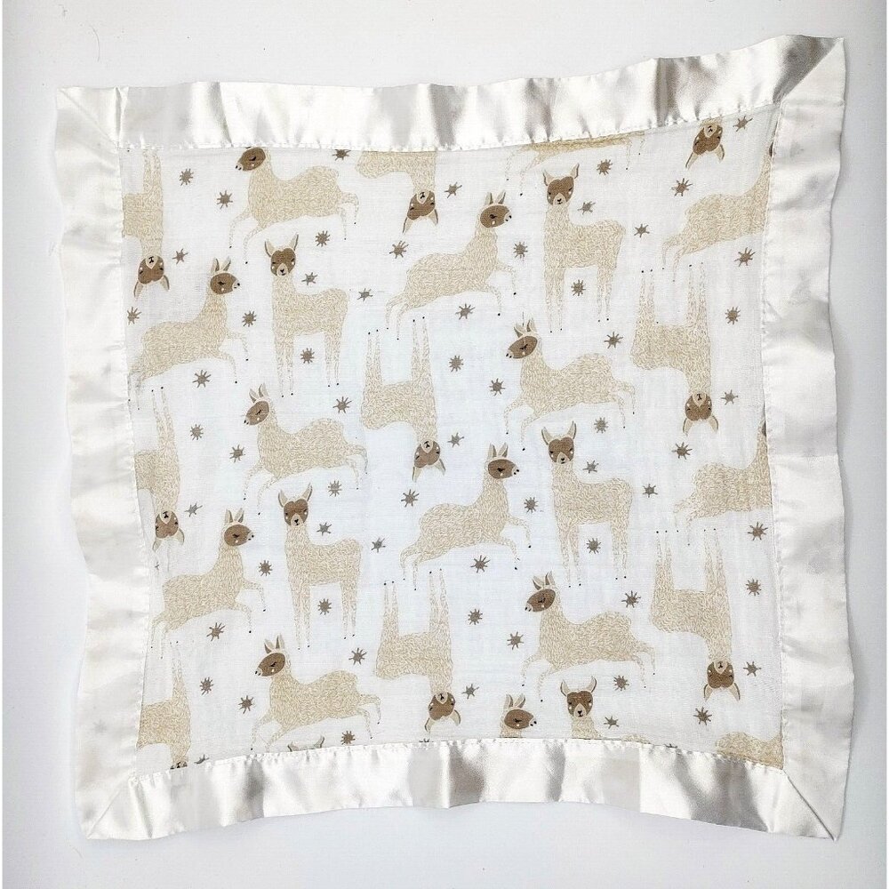 Lulujo Lovey Security Blanket Tan Llamas Satin Edge Muslin Cotton 16”x16"